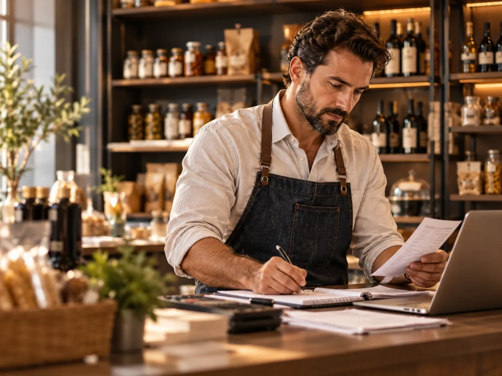 Escena ilustrativa de insolvencia y asesoría jurídica: comerciante revisando cuentas en su tienda artesan