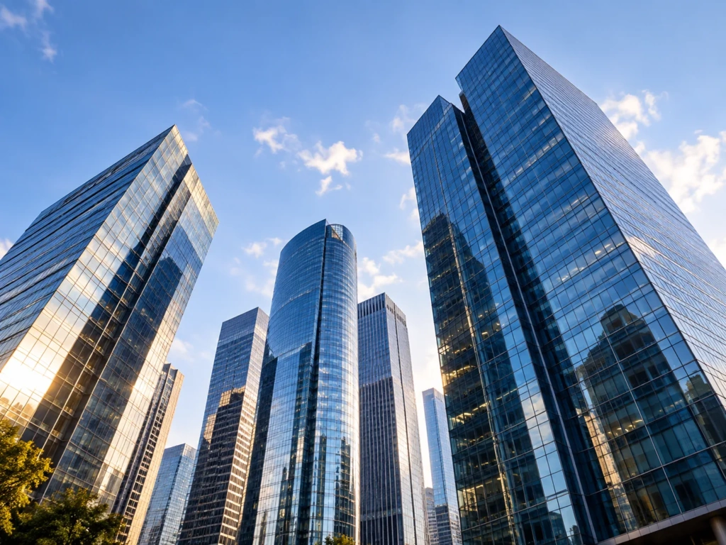 Escena ilustrativa de insolvencia y asesoría jurídica: torres de cristal bajo el cielo azul